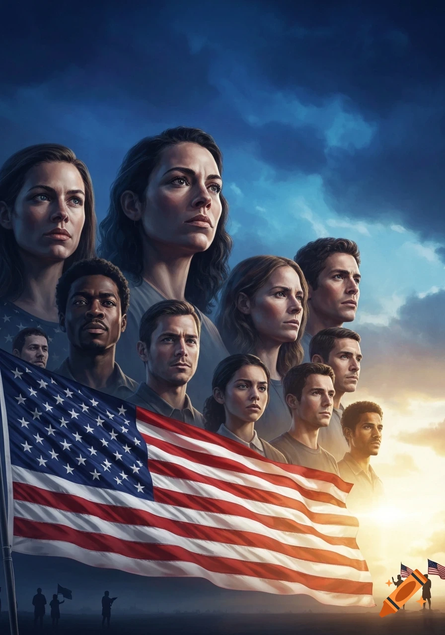 A diverse group of solemn people looking upwards, partially obscured by a large American flag waving in the foreground.