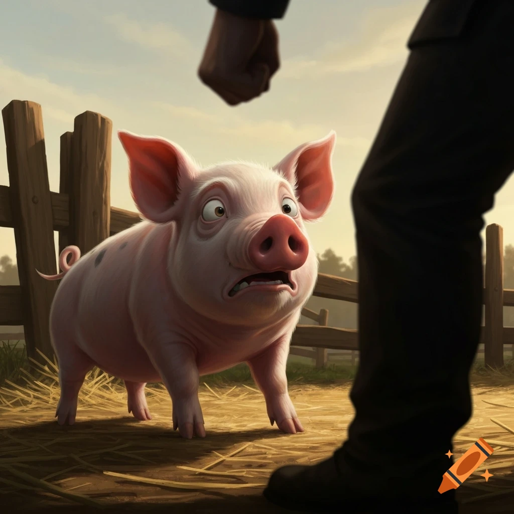 A frightened cartoon pig with wide eyes looks up at a person's closed fist in a farm setting.