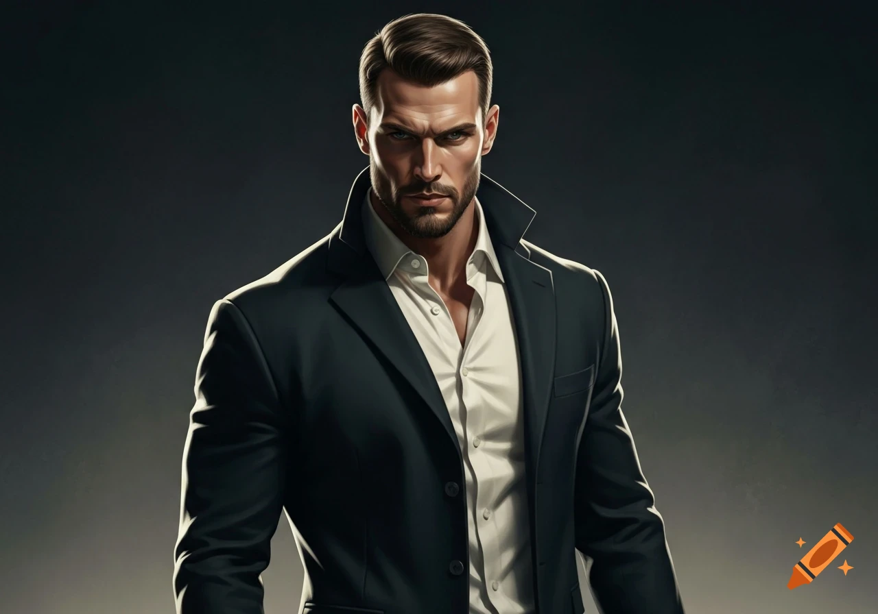 A stylish man with a beard and well-groomed hair, wearing a dark suit and white shirt, stands against a dark background, looking sternly forward.