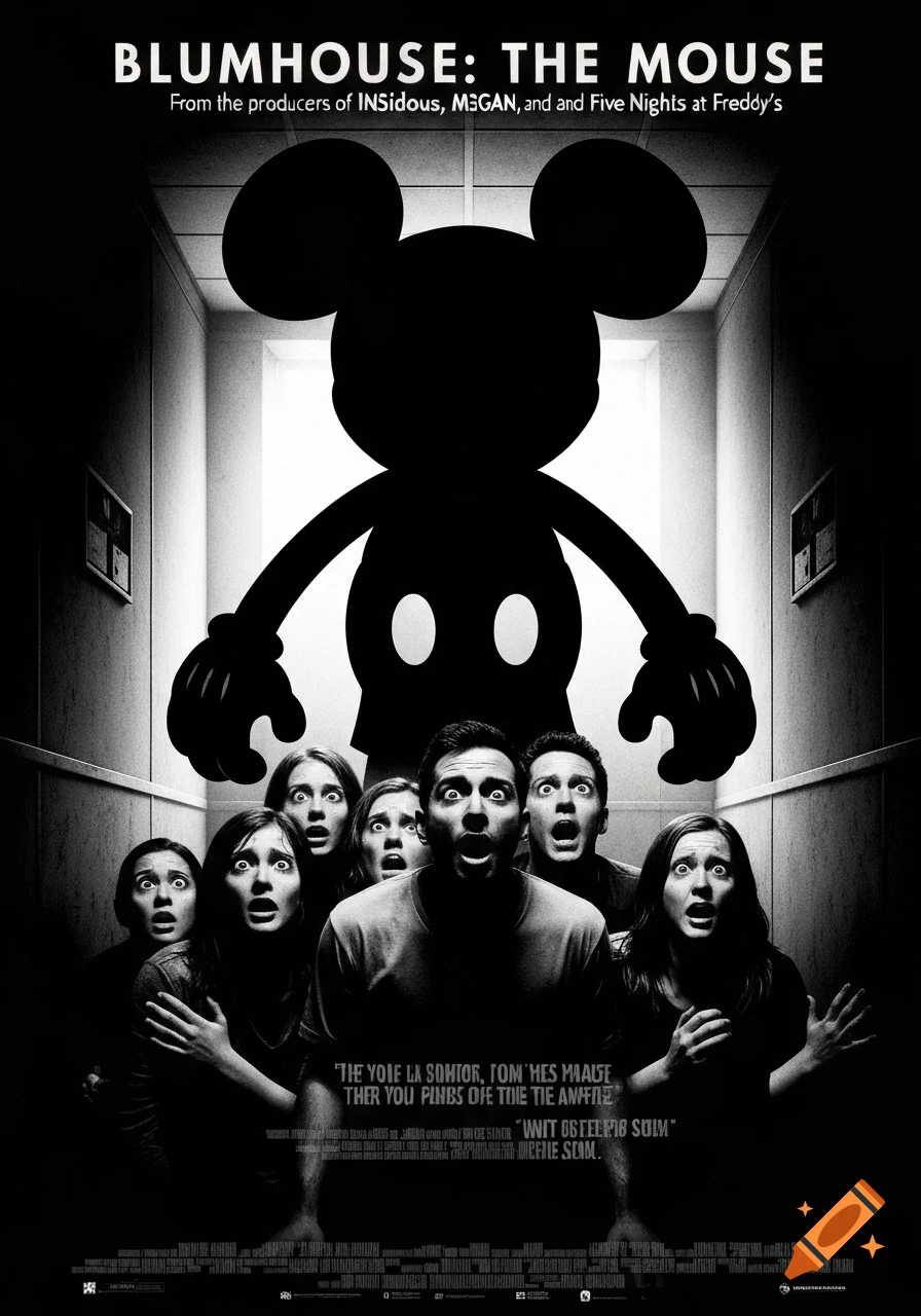 A black and white horror movie poster features a giant shadowy Mickey Mouse silhouette looming over a group of terrified people below.