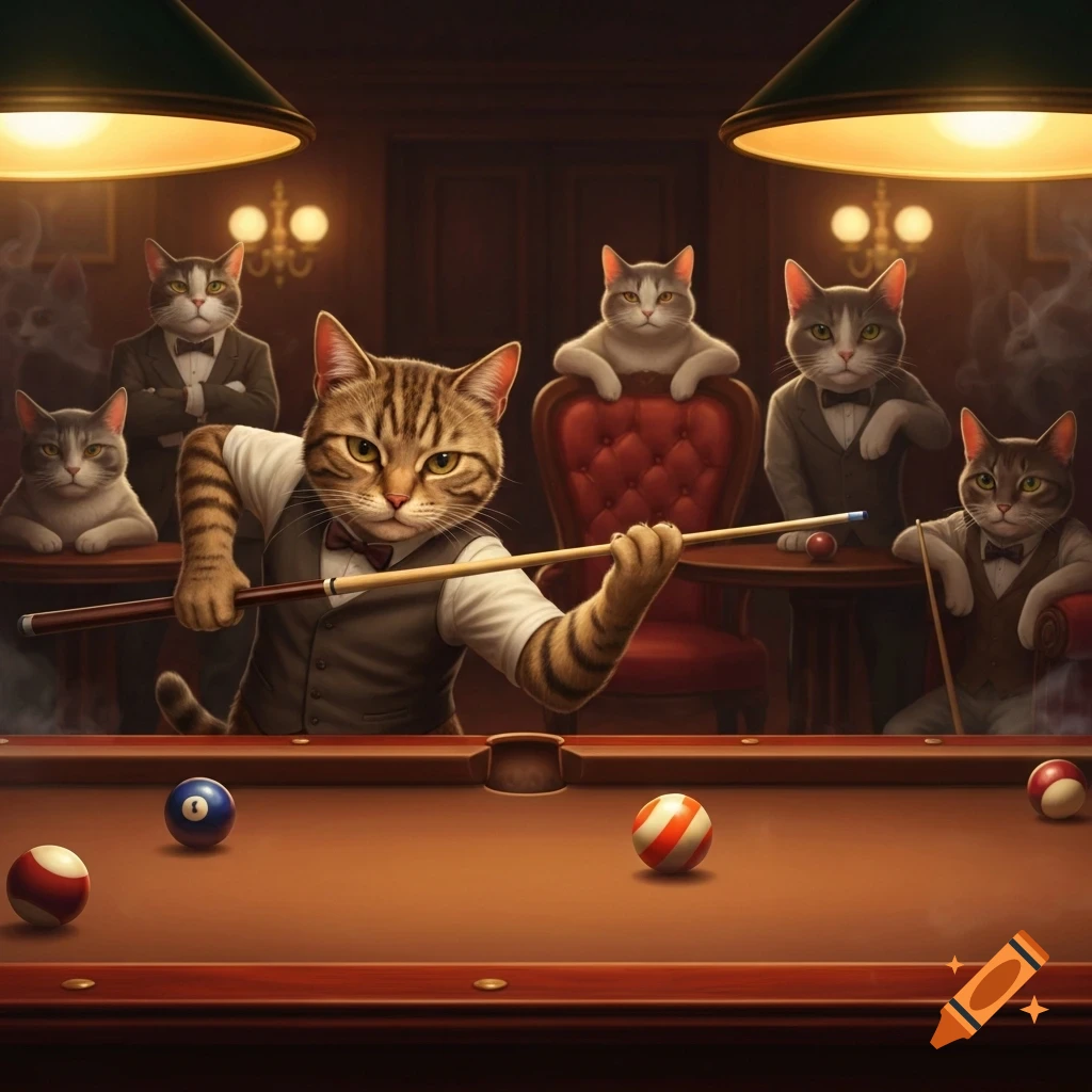 Photorealistic image of anthropomorphic cats in suits playing billiards in a dimly lit room.