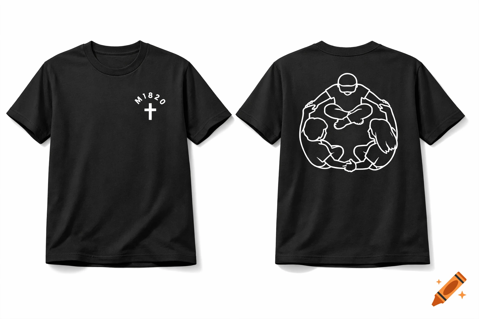 Front and back view of a black t-shirt with a white logo. The front has 'M1820' above a cross; the back has a circular line art of three people holding hands.
