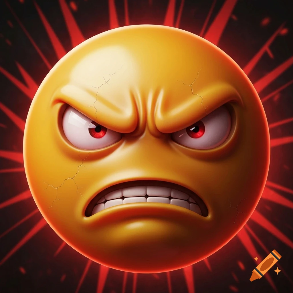 A vibrant yellow angry emoji with furrowed brows, red eyes, and bared teeth, set against a red and black background.