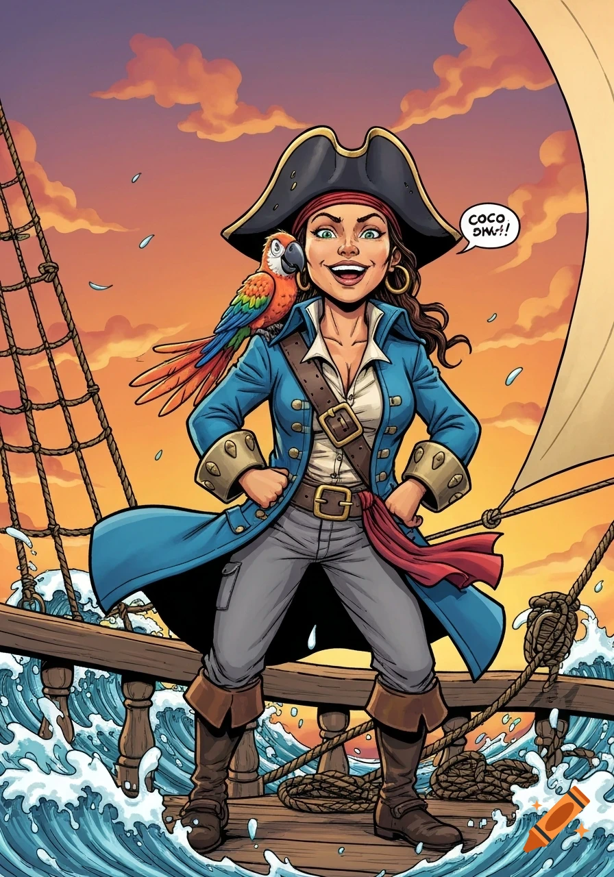 A vibrant cartoon of a smiling female pirate and her parrot Coco on a ship deck at sunset, with dynamic waves.