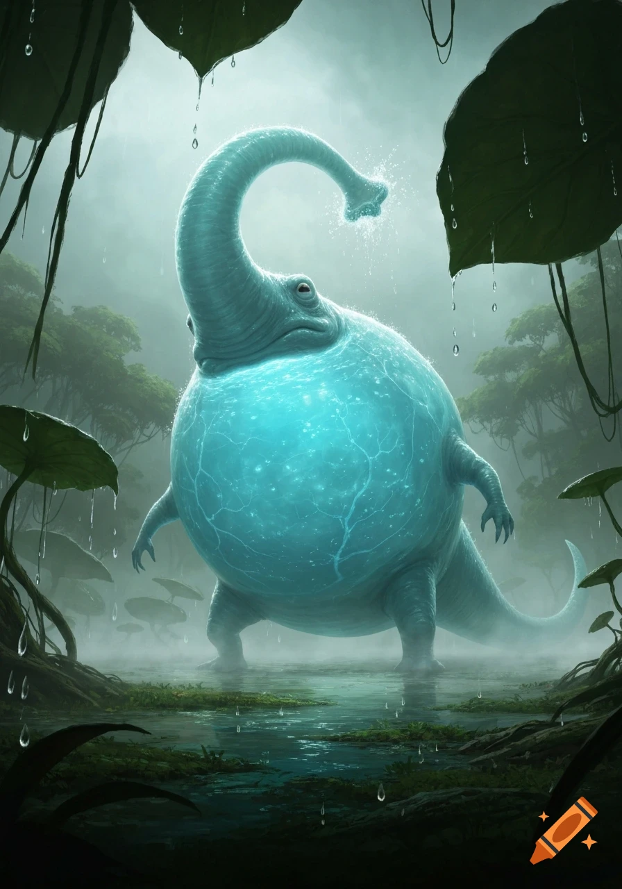 A giant, glowing blue, bulbous creature with an elephant-like trunk sprays water in a misty swamp.