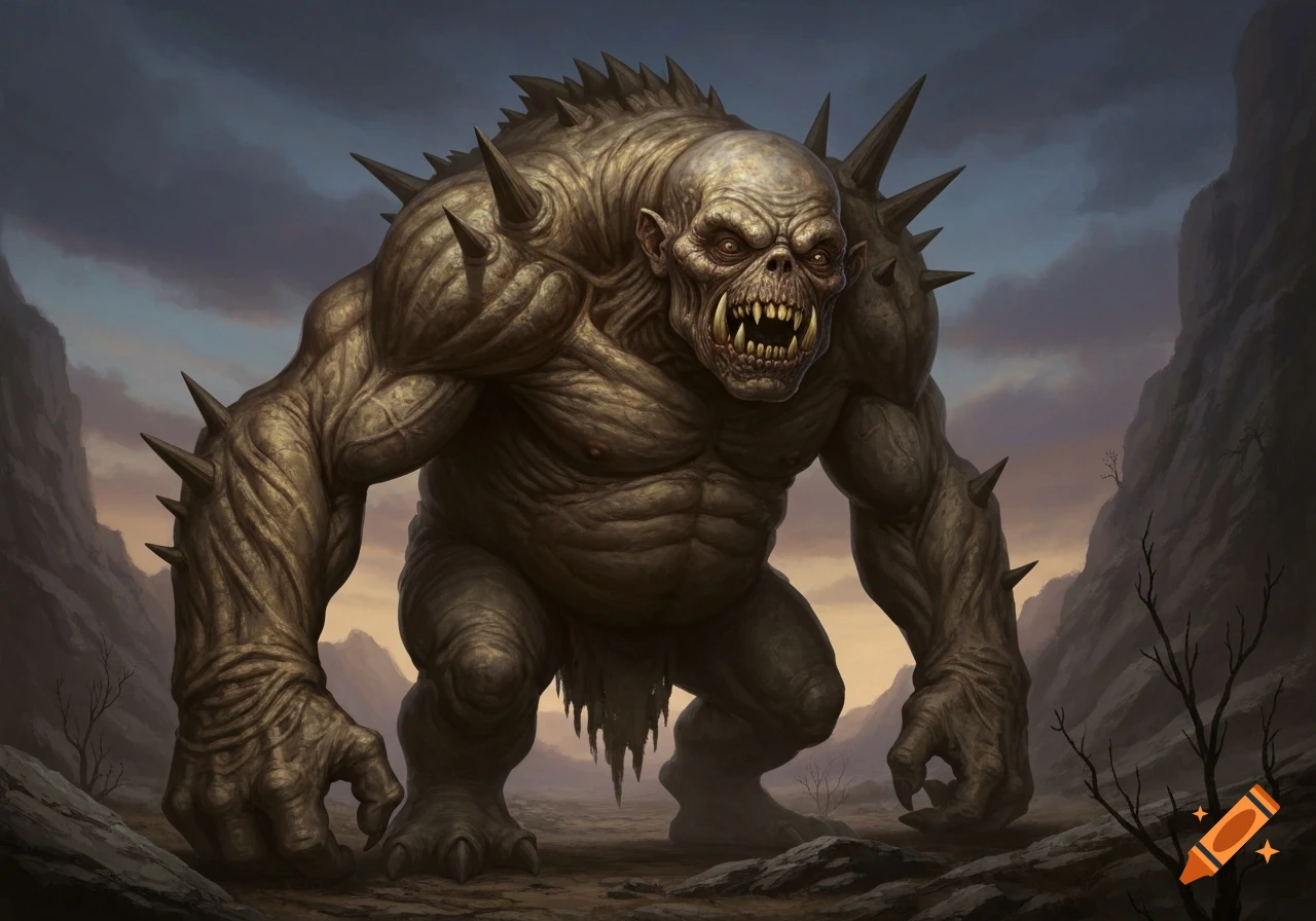 A muscular, spiky, grotesque monster with sharp teeth stands in a barren, rocky landscape under a dark sky, detailed fantasy art.