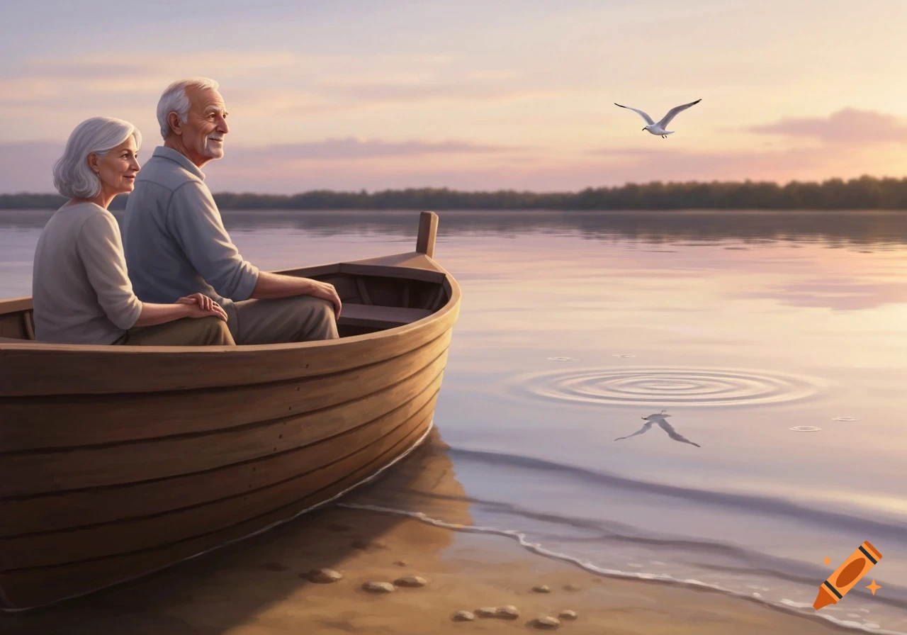 An elderly couple sits in a wooden rowboat at the water's edge, watching a seagull fly over calm water at sunset.