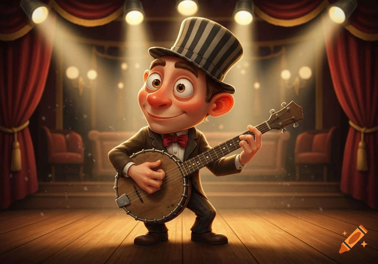 A smiling cartoon character with a striped top hat and a red bow tie plays a banjo on a spotlighted stage with red curtains.