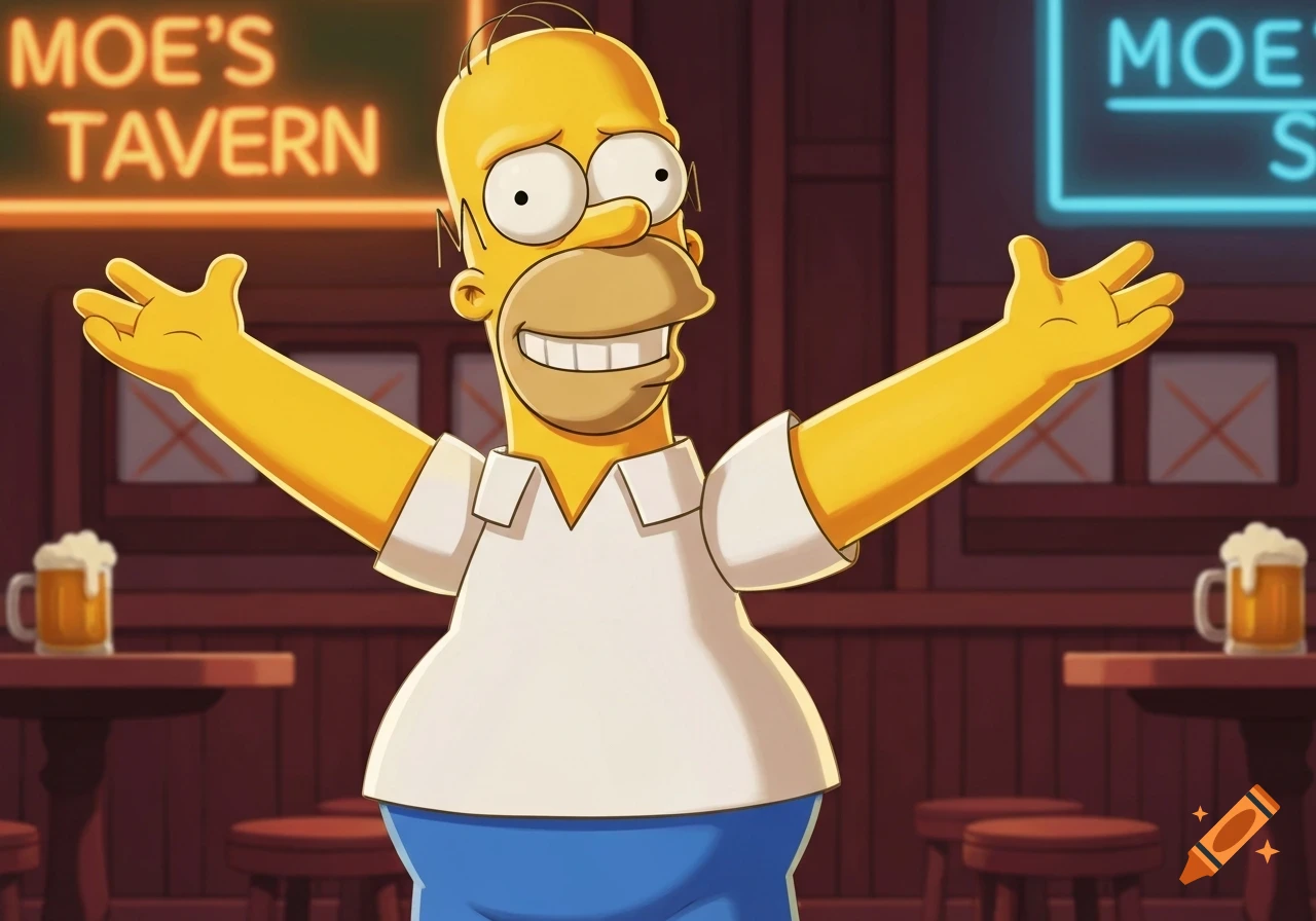 Homer Simpson smiles with arms outstretched in Moe's Tavern, under glowing neon signs.