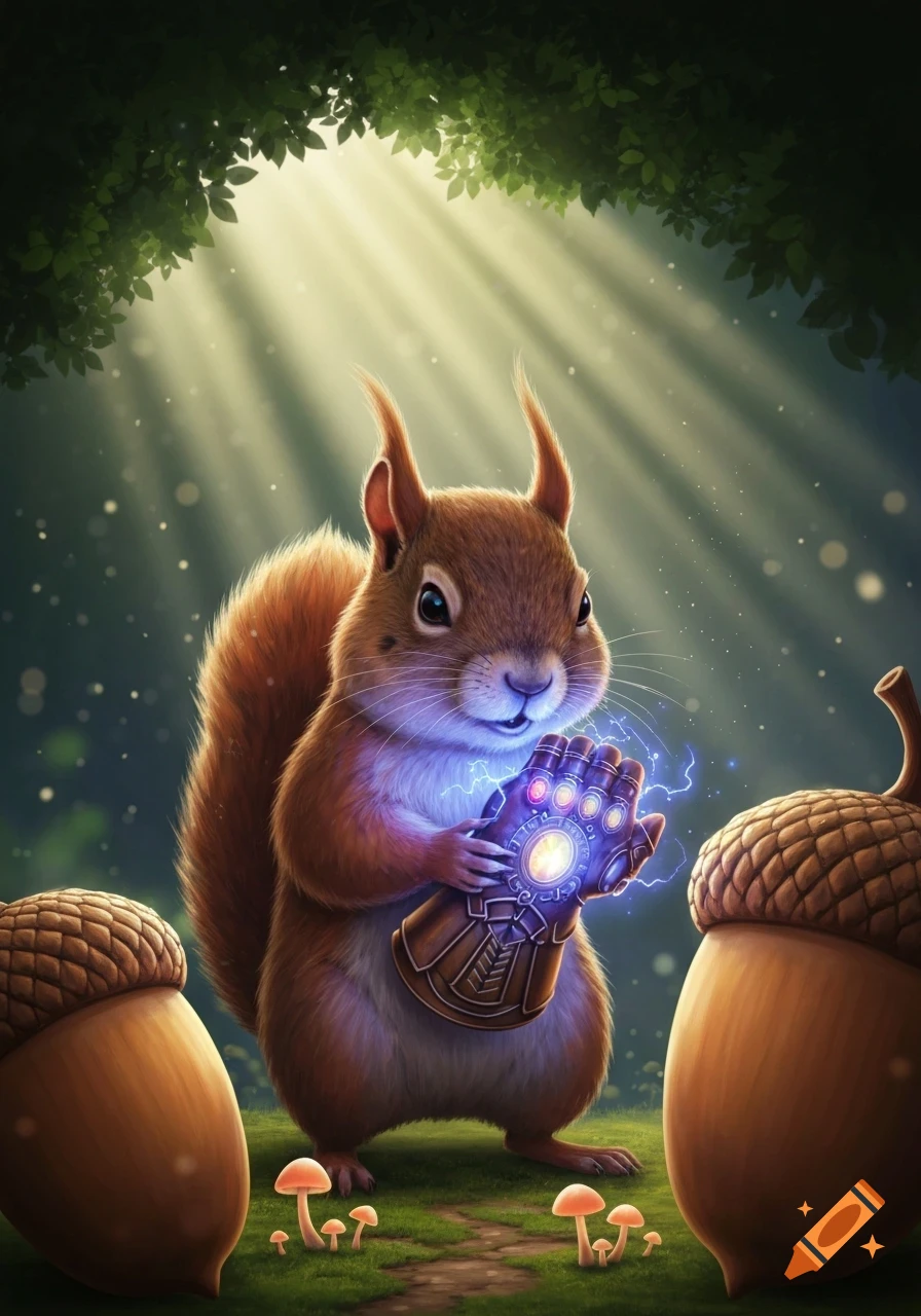 A fluffy brown squirrel stands in a sunlit forest, holding a glowing, jeweled Infinity Gauntlet. Large acorns and small mushrooms are on the ground.
