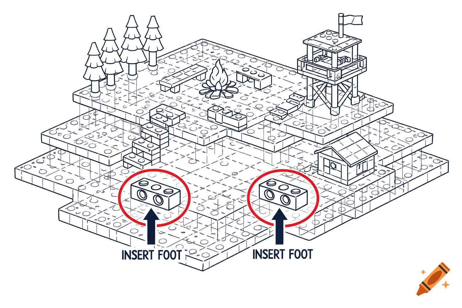 Isometric line art schematic of a LEGO forest base with a campfire, trees, watchtower, and a cabin, showing labeled points for foot insertion.