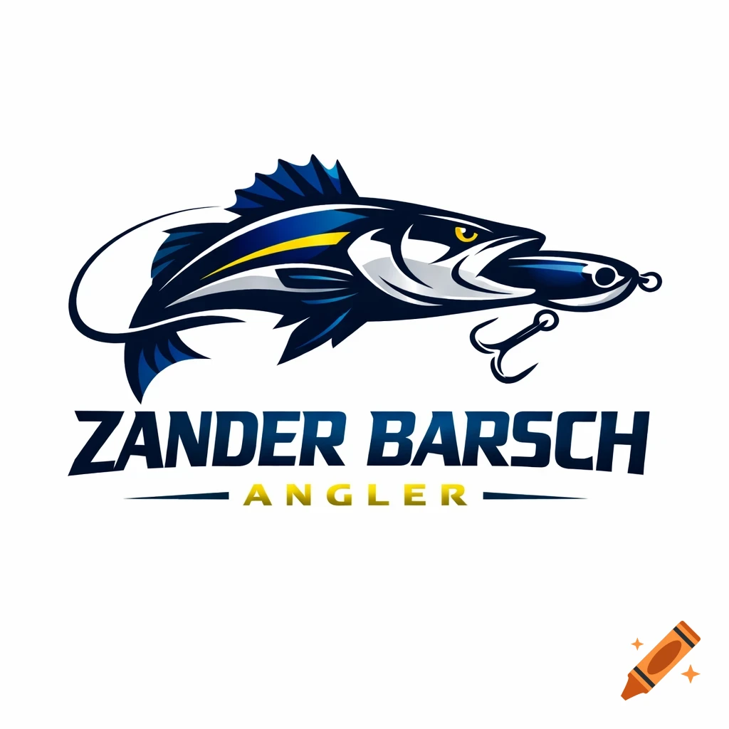 A blue and white stylized fish logo biting a lure, with a hook and the text 'ZANDER BARSCH ANGLER' below.