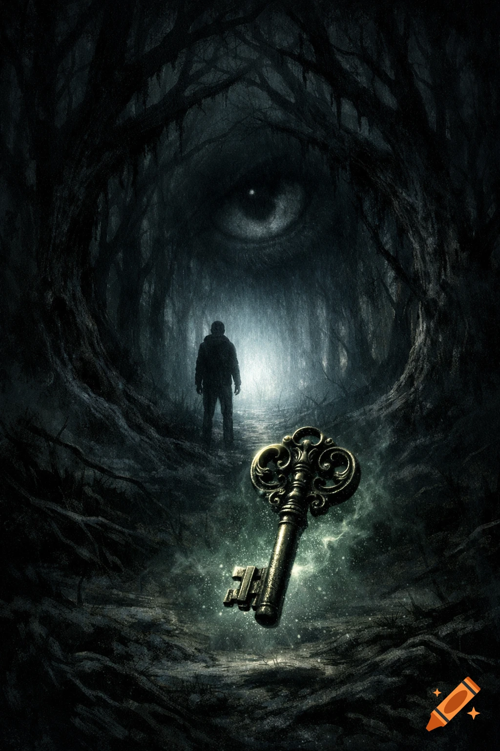 Dark, mysterious forest scene with a silhouetted figure, a giant spectral eye, and an ornate, glowing key floating in the foreground. Horror art style.