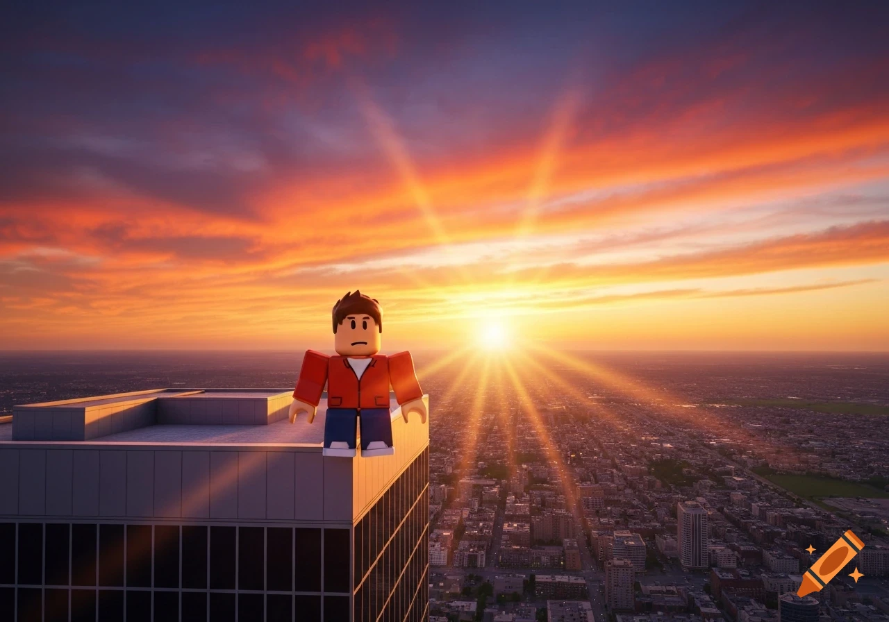 A Roblox character stands on a skyscraper rooftop, looking at a city skyline under a vibrant sunset.