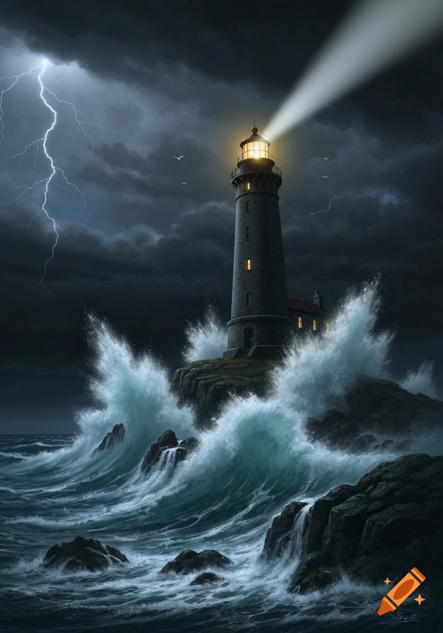 A photorealistic lighthouse beam cuts through a stormy night sky, illuminated by lightning, as powerful waves crash against the rocky coastline.
