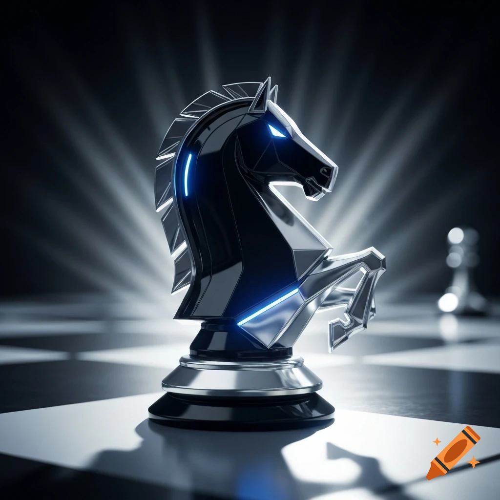 A sleek, modern black and silver chess knight with glowing blue accents stands on a chessboard, dramatically lit.