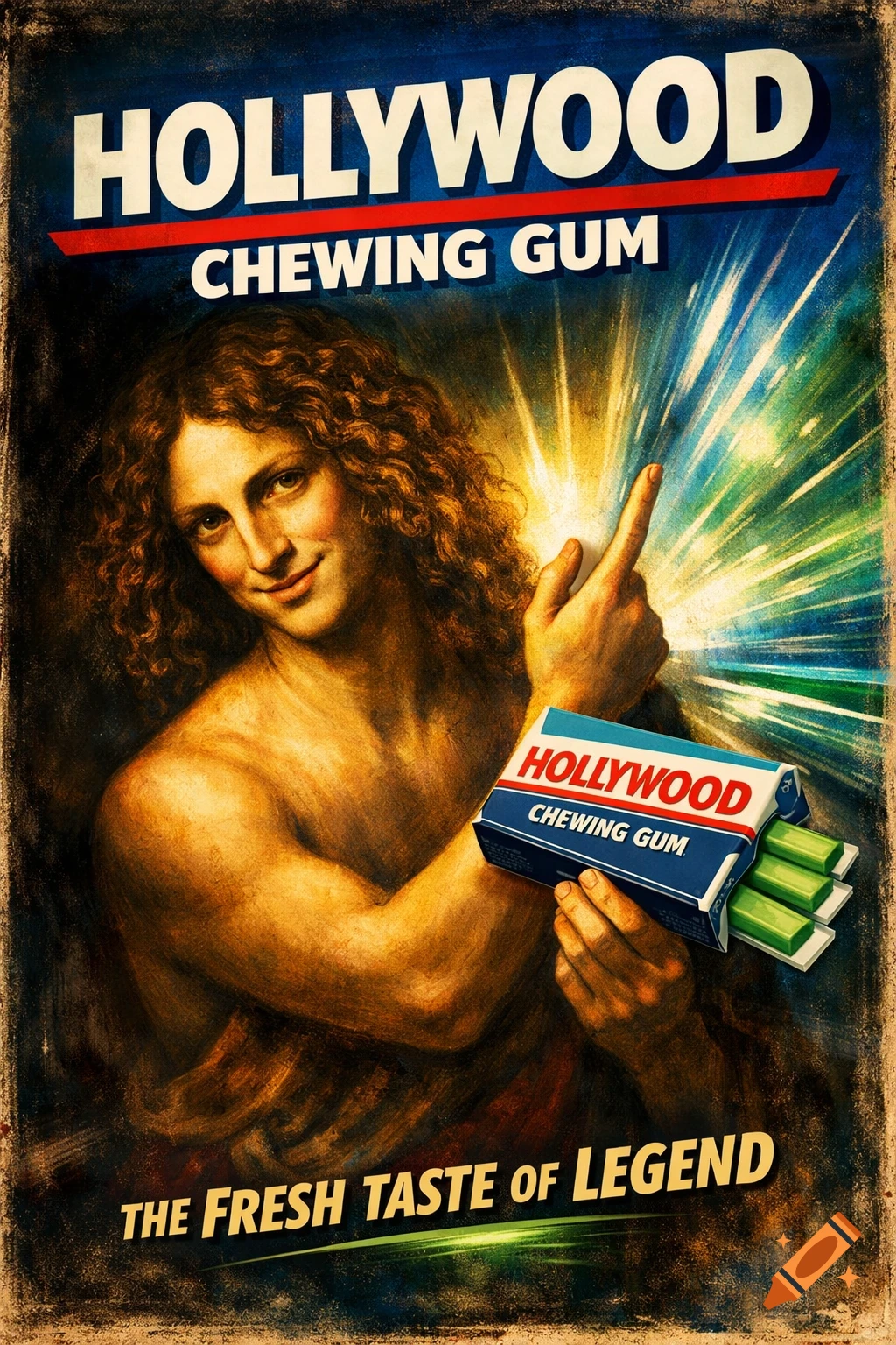 Vintage advertisement in classical art style, a figure points to a Hollywood Chewing Gum pack with bright light, text 'Hollywood Chewing Gum'.