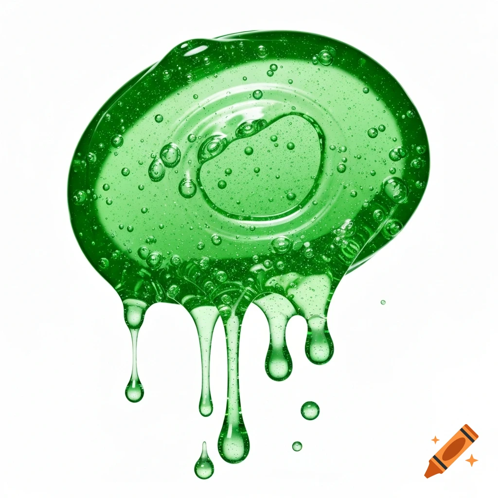 Photorealistic green translucent gel with many bubbles drips downward, isolated on a white background.