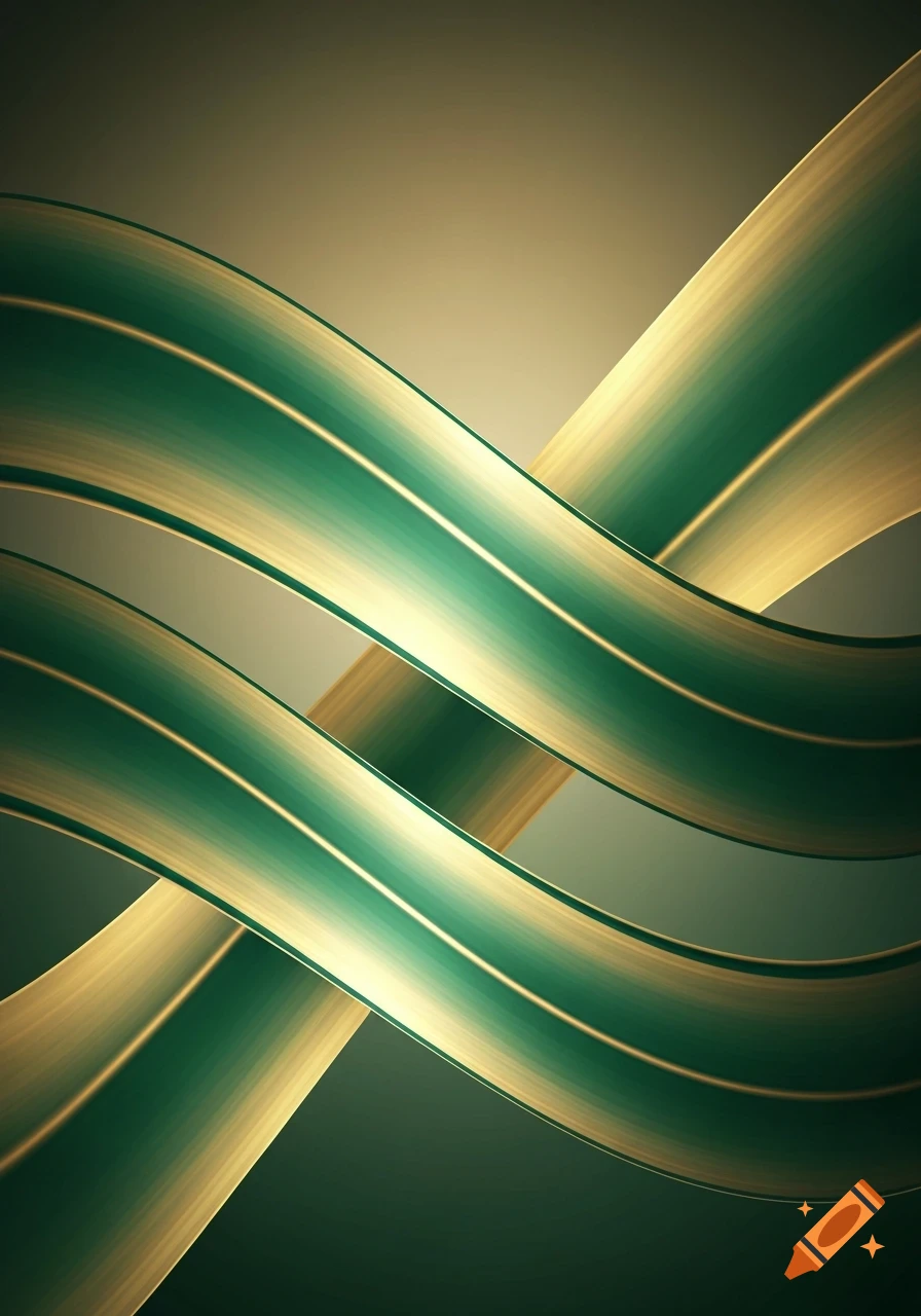 Abstract intertwining wave ribbons in shimmering gold and royal green.