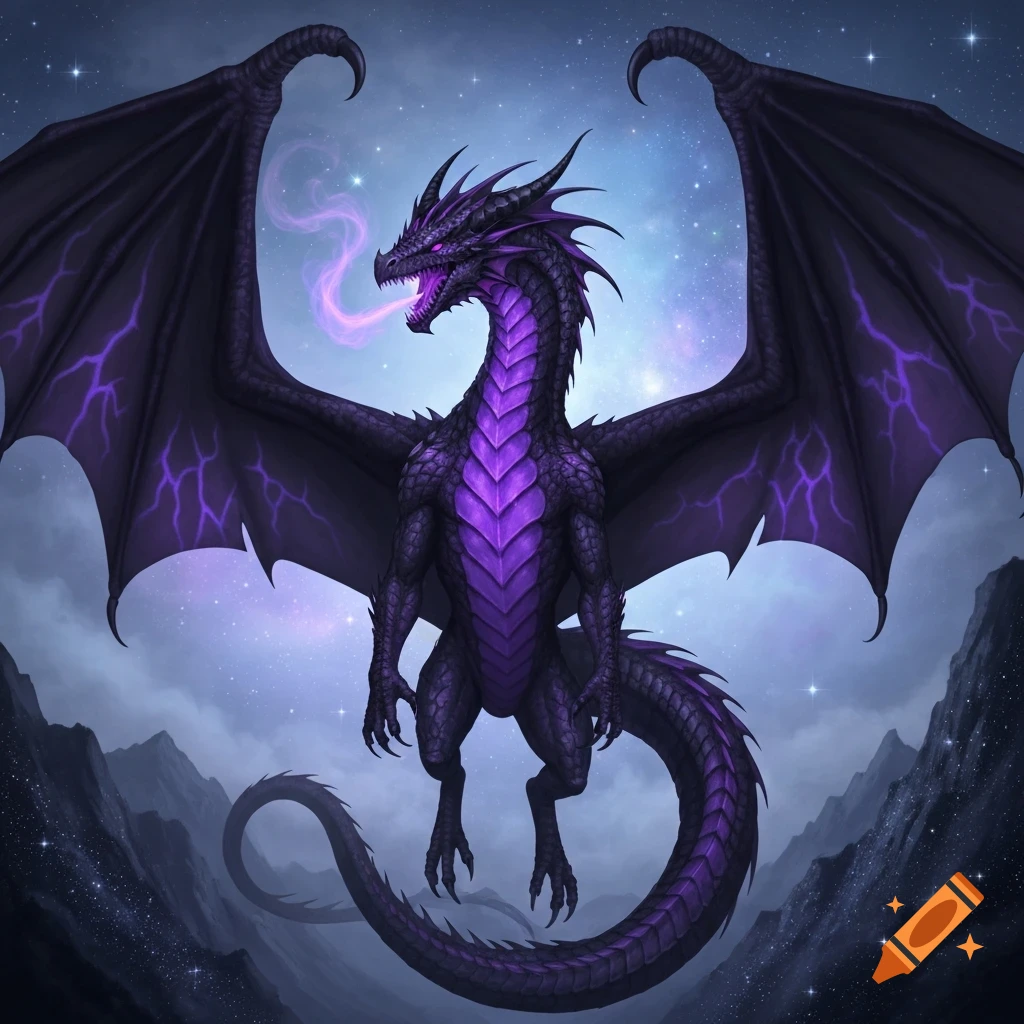 A magnificent purple and black dragon with wings spread, breathing ...