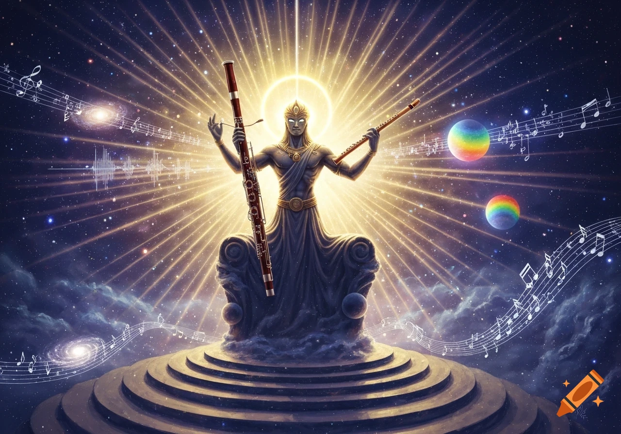 A glowing deity figure holding a bassoon and a flute, surrounded by stars, musical notes, and sound waves in a cosmic setting.