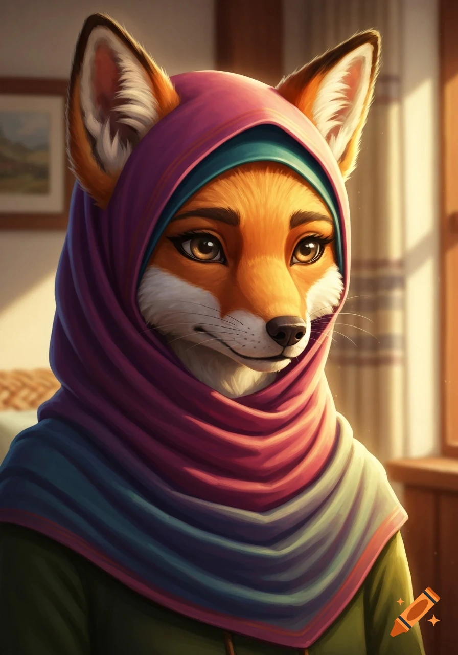 Digital art portrait of an anthropomorphic fox wearing a colorful pink and blue hijab, softly lit.