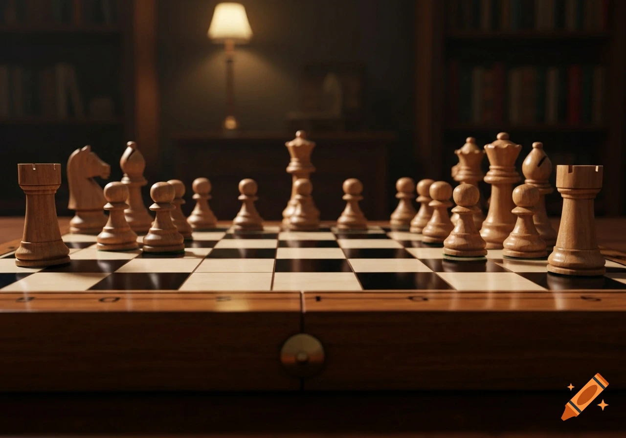 Photorealistic chessboard with wooden pieces in starting position, set in a dimly lit room with bookshelves and a lamp.