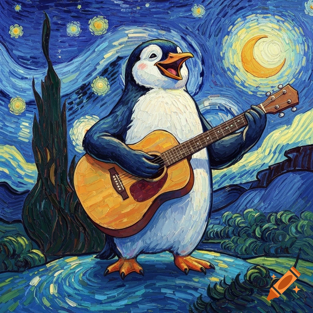 A happy penguin plays an acoustic guitar against a vibrant, swirling starry night sky in the style of Van Gogh.