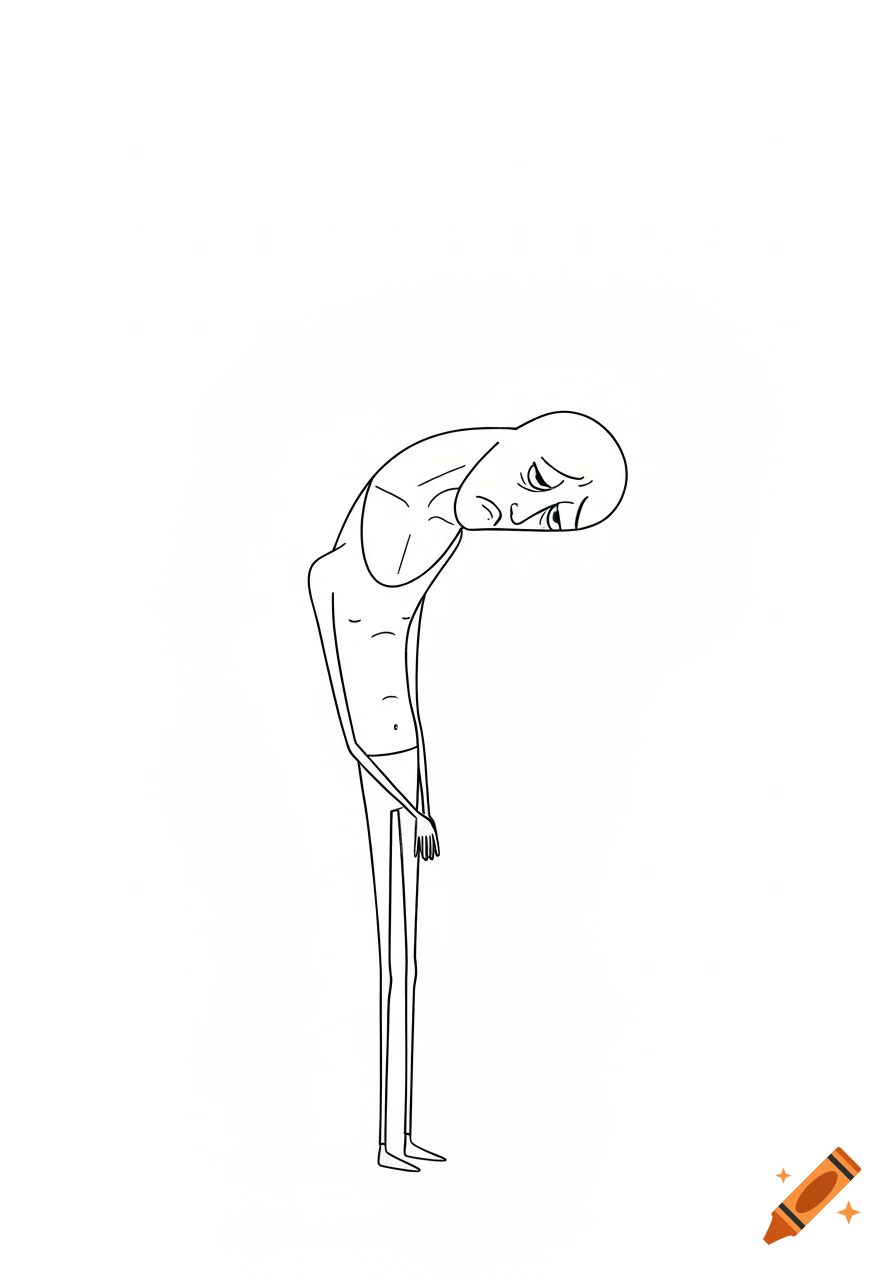 A simple line drawing of a skinny, sad, slouched figure with exaggerated proportions in a meme style on a white background.