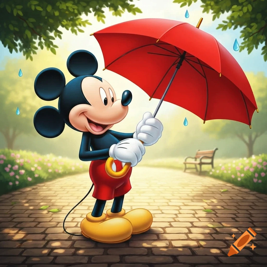 Mickey Mouse holds a red umbrella on a brick path in a park as raindrops fall around him.
