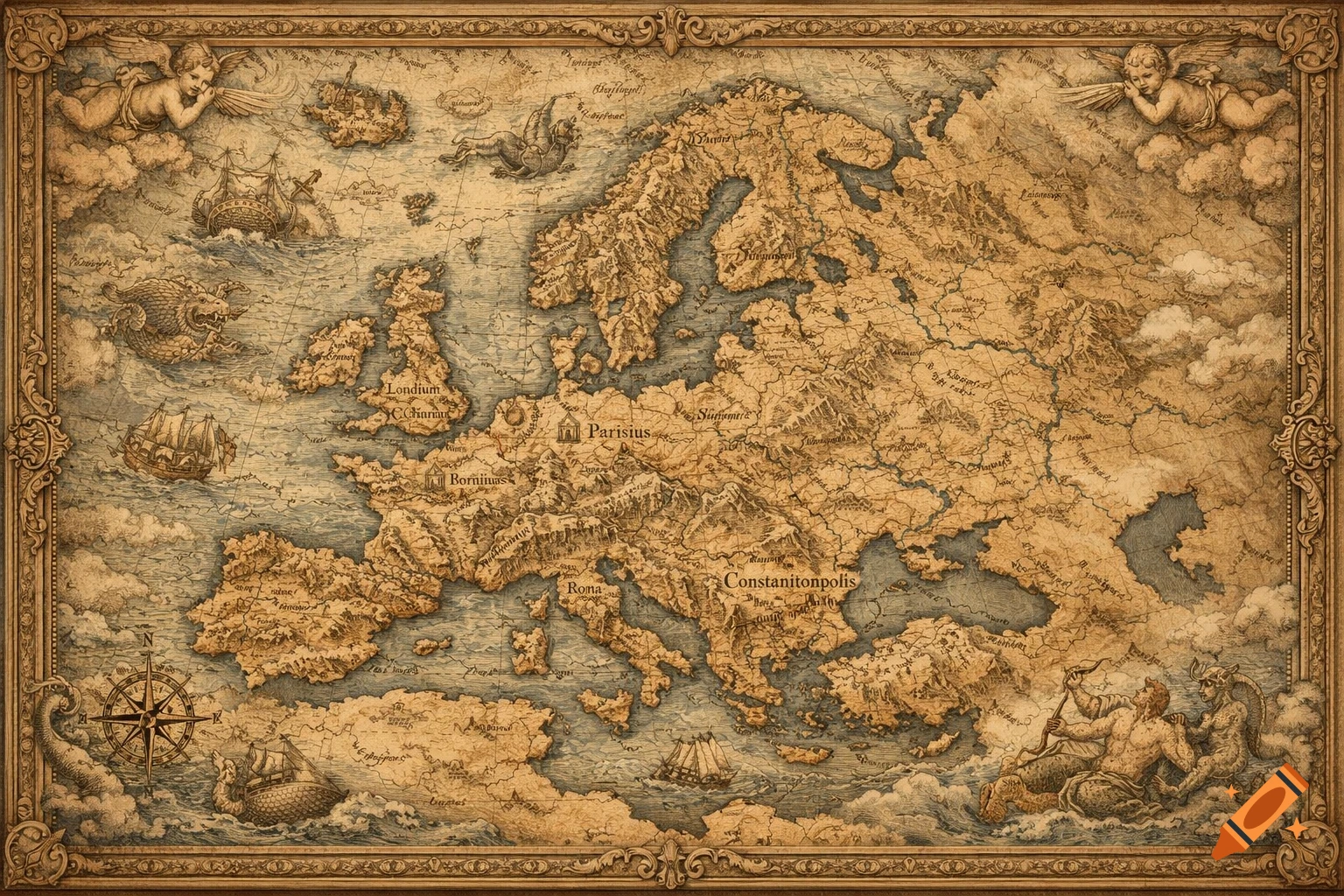 An antique-style map of Europe, featuring a sepia tone, detailed landmasses, mythical sea creatures, sailing ships, cherubs, and classical figures in an ornate frame.