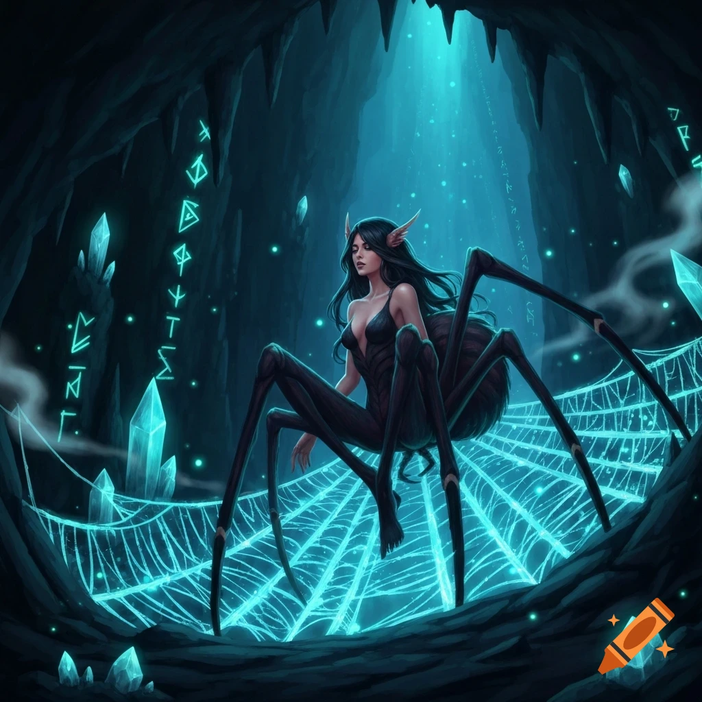 A fantasy spider-woman with long hair and pointed ears sits on a glowing spiderweb in a dark, mystical cave with turquoise crystals and runes.