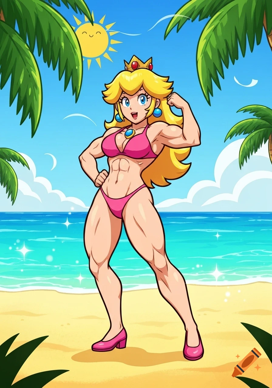 Cartoon Princess Peach in a pink bikini flexes her muscular arms on a sunny beach with palm trees and blue water.