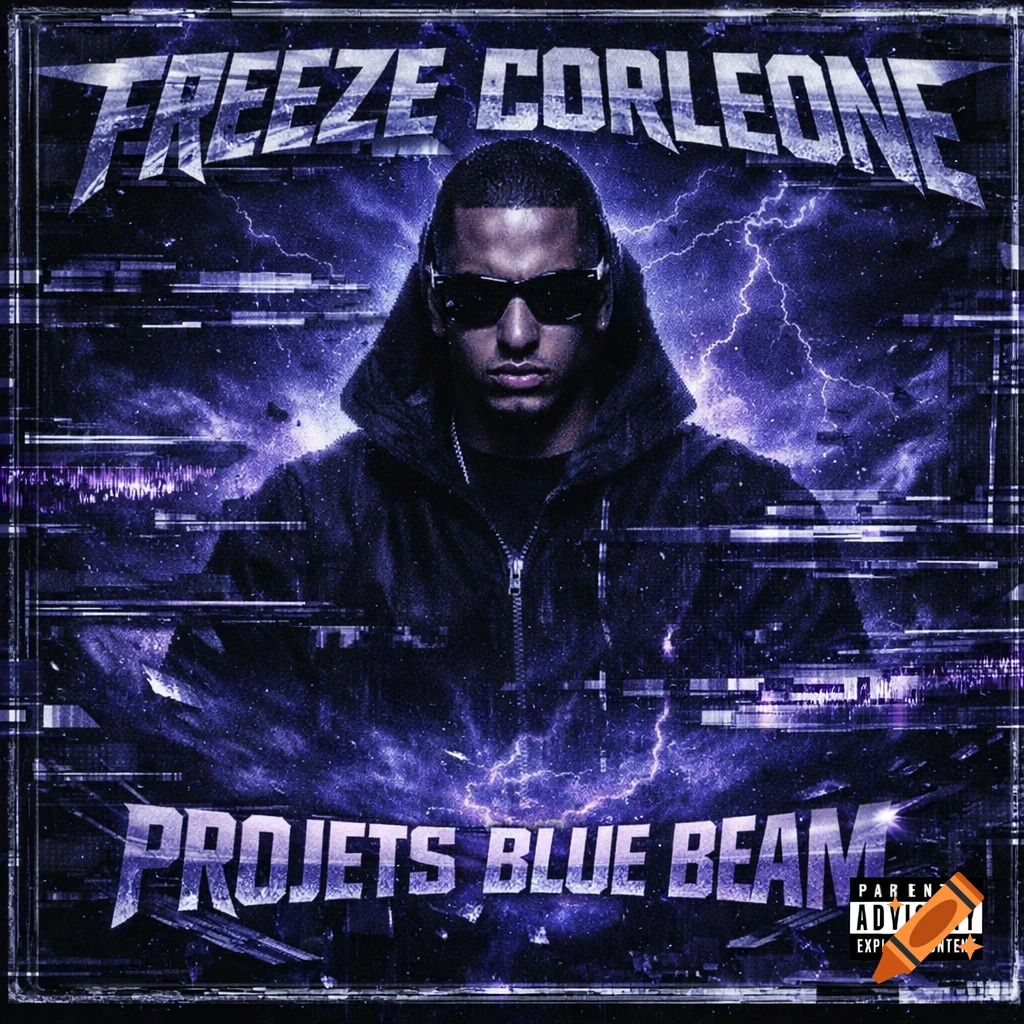 Album cover featuring a man in sunglasses and a hooded jacket against a dark blue background with lightning and digital glitch effects.