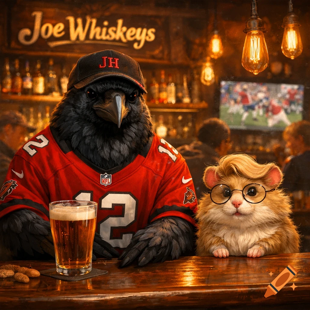 A crow in a red jersey and 'JH' cap drinks beer at a bar with a blonde hamster in glasses. A game plays on a background TV.