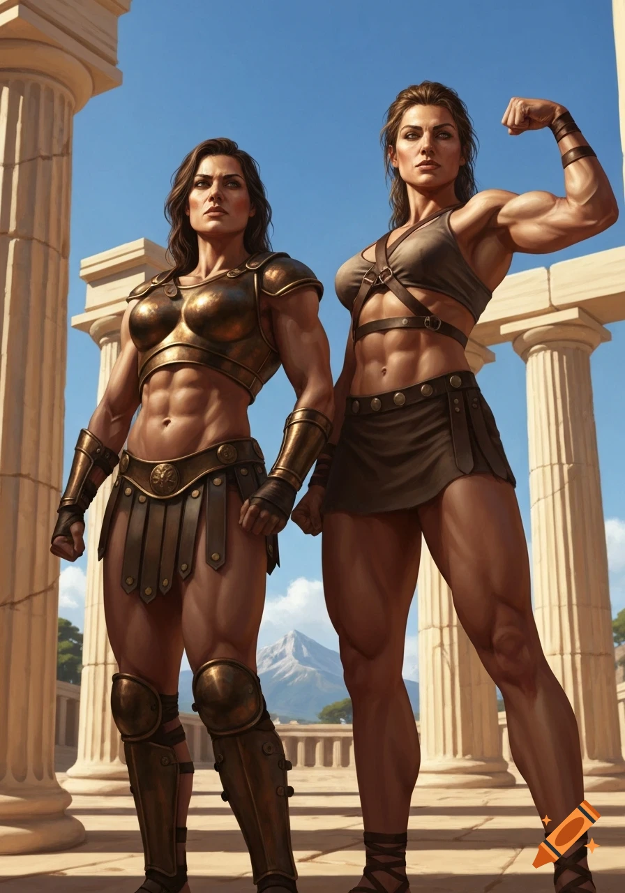 Two muscular women, one in gold armor and the other in a tunic, stand powerfully among ancient Greek columns under a clear sky with a distant mountain. Photorealistic.