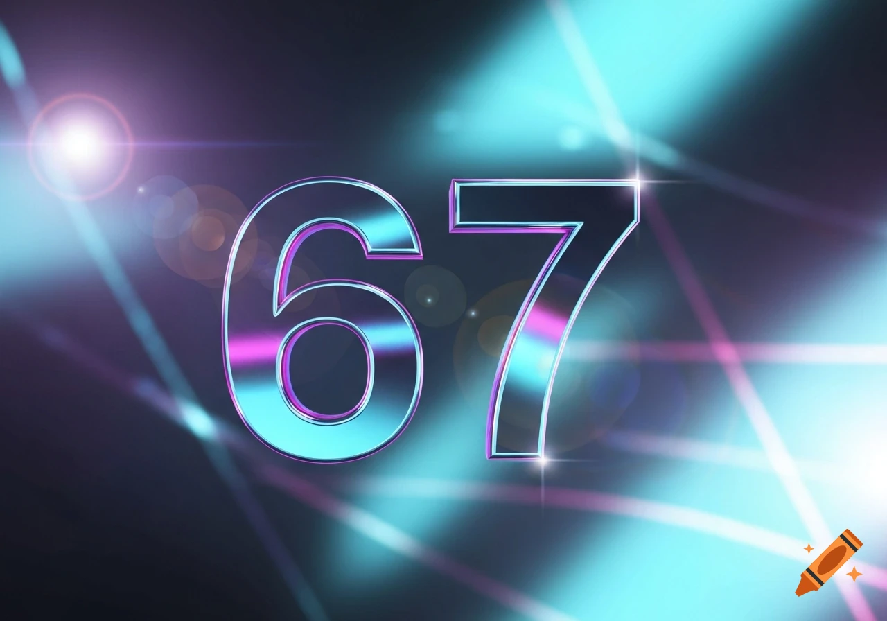 Metallic numbers 67 reflecting pink and blue light against a dark background with teal and purple light flares.