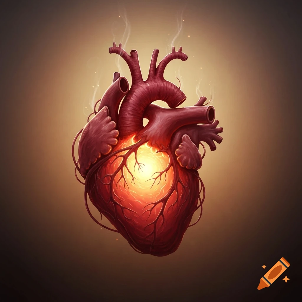 A glowing, stylized anatomical heart in shades of red and brown with steam rising, set against a warm gradient background.
