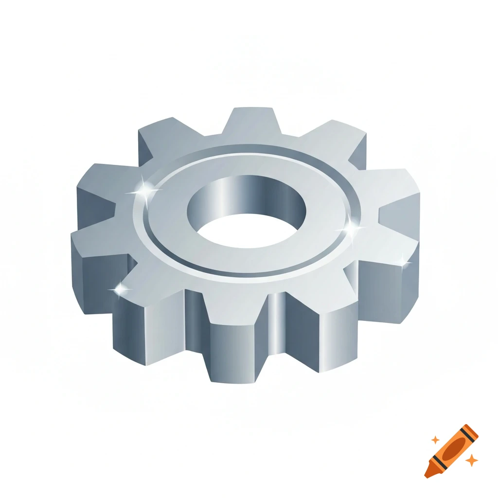 A shiny silver clipart gear with six teeth, rendered with subtle reflections, isolated on a white background.