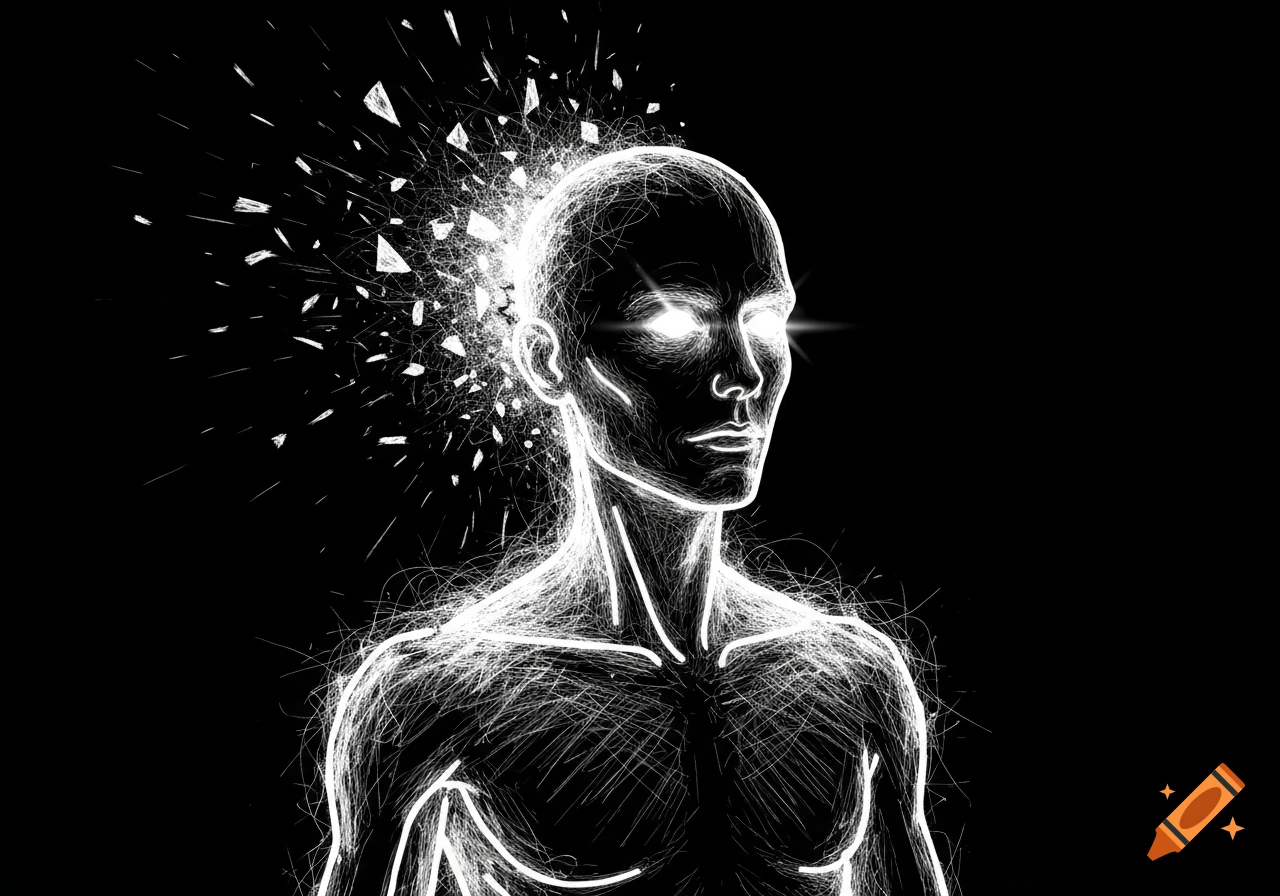 An abstract human-like figure made of glowing white lines and fragments against a black background, with light radiating from the head.