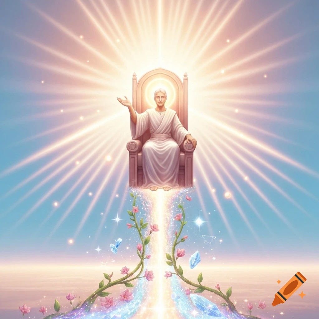 An ethereal figure in white robes sits on a glowing throne amidst bright light, with a sparkling path of flowers and crystals below.