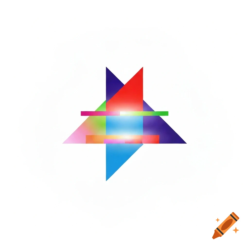 Colorful abstract geometric design with overlapping shapes and gradients on a white background.