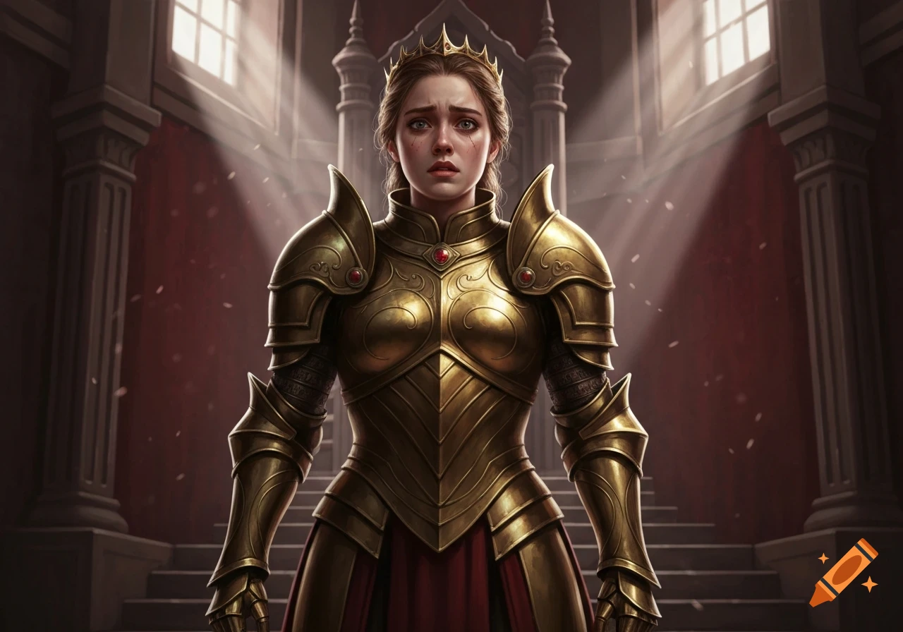 A young queen in ornate golden armor and a crown stands in a grand hall, looking distressed with tears on her face.