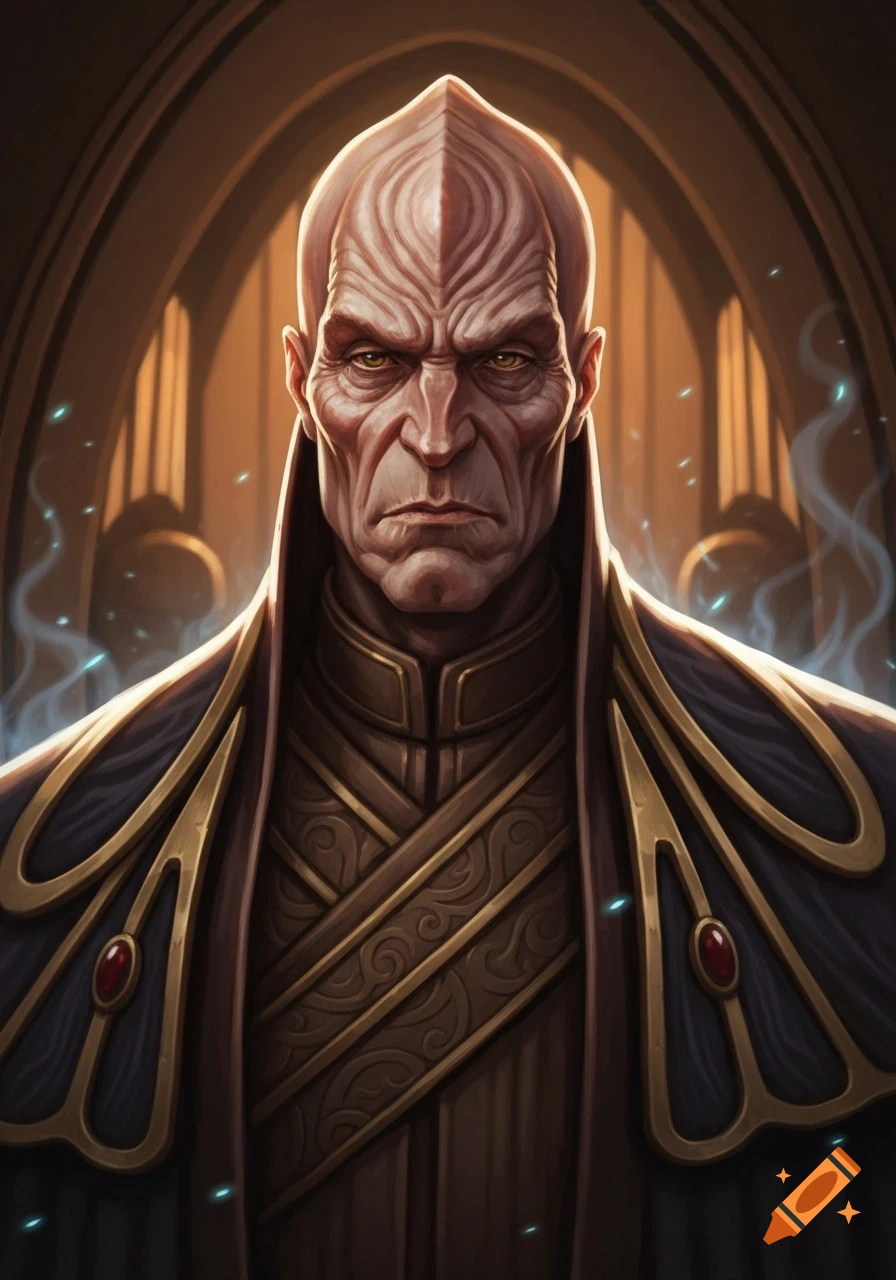 A stern, bald fantasy character with a ridged head and deep wrinkles, wearing an ornate gold and dark blue robe, in an arched hall.