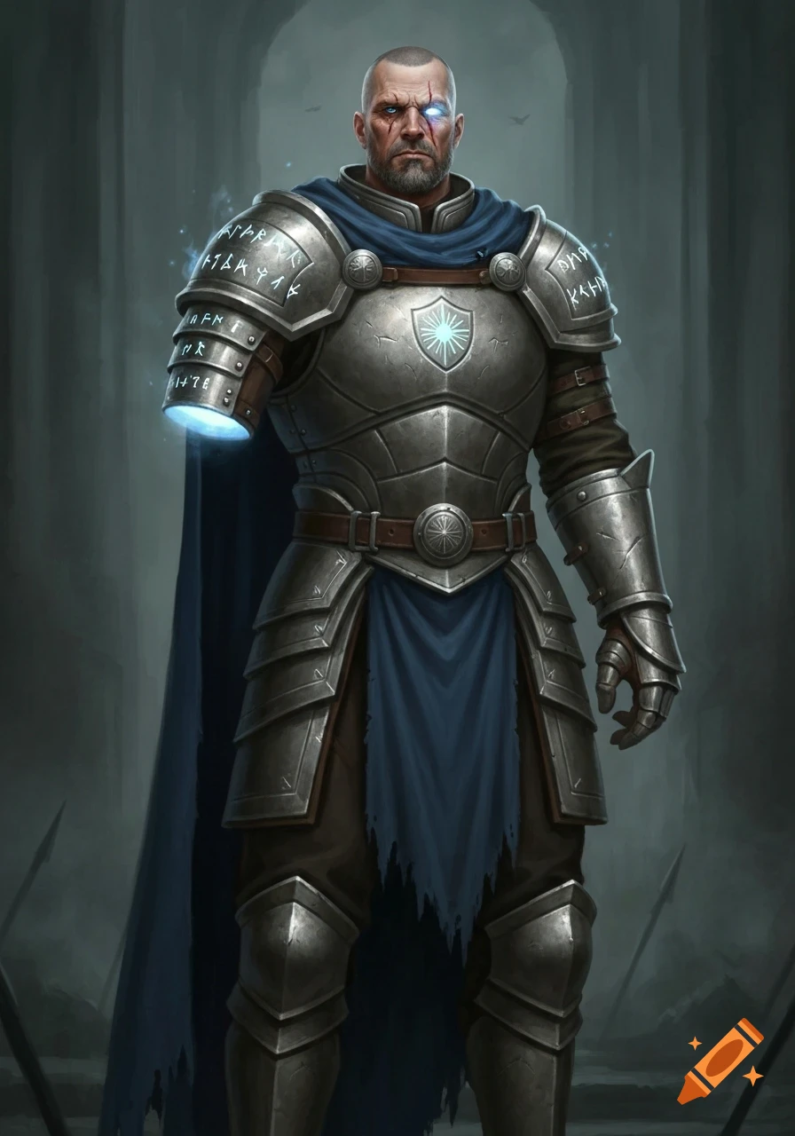 A bald, bearded male fantasy warrior in silver plate armor and a blue ...