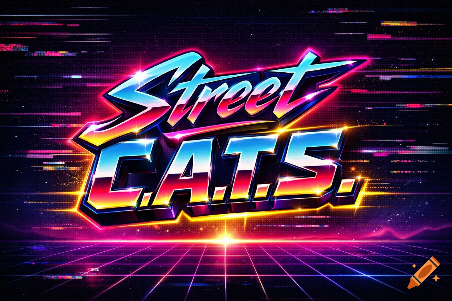 A neon 80s-style logo for 'Street C.A.T.S.' with a glowing grid background.