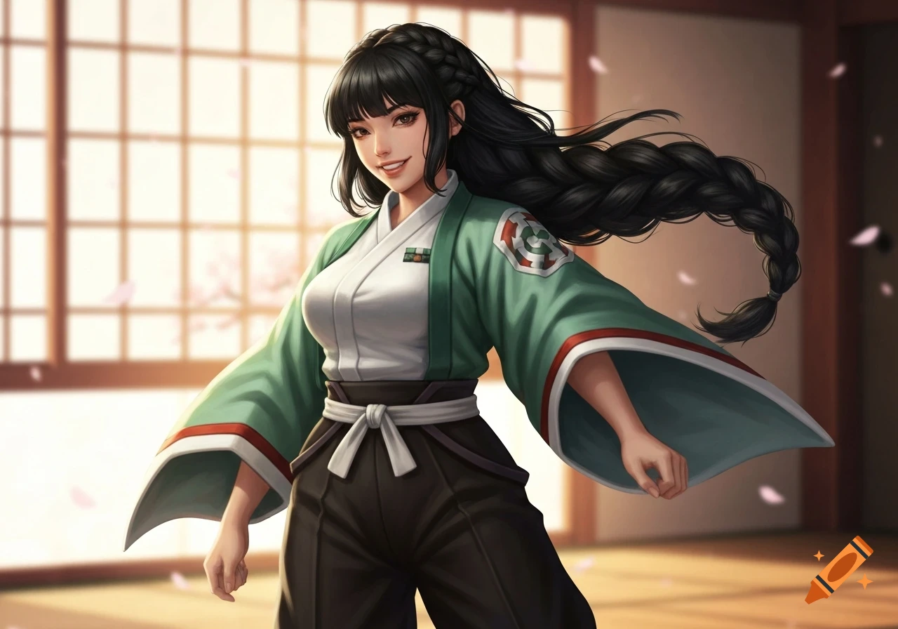 A smiling anime woman with long black braided hair wears a green kimono-style top and black hakama pants in a traditional Japanese room with cherry blossoms.