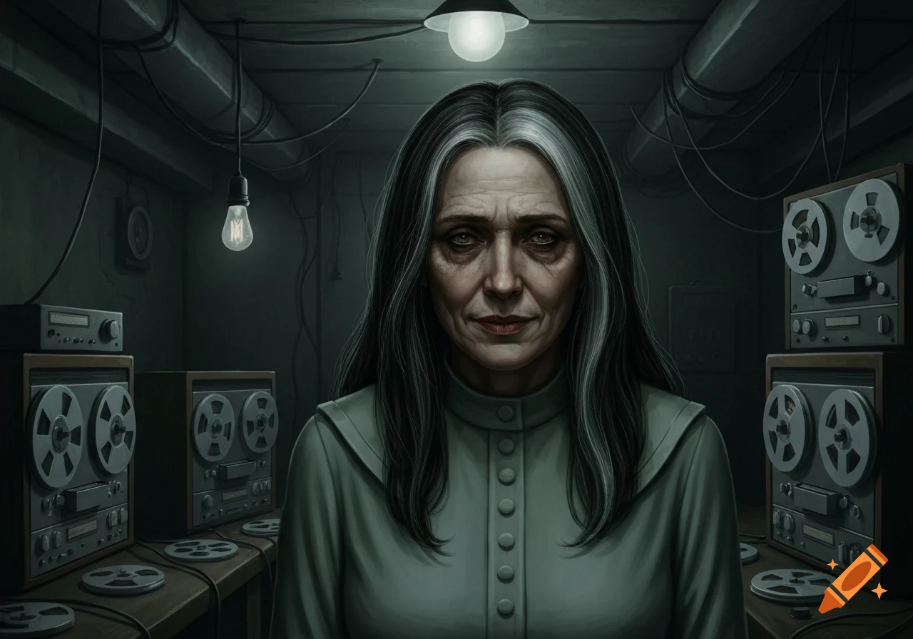 A creepy, realistic portrait of a pale, older woman with dark and grey hair in a dark basement surrounded by tape recorders.