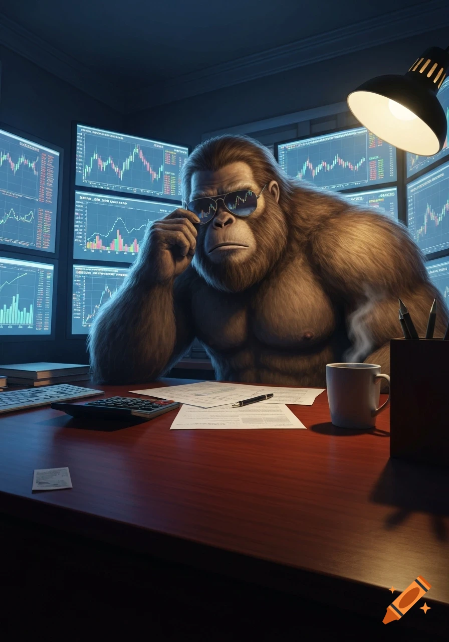 A sasquatch wearing aviator sunglasses sits at a desk with stock market charts on multiple screens, appearing as an investor.