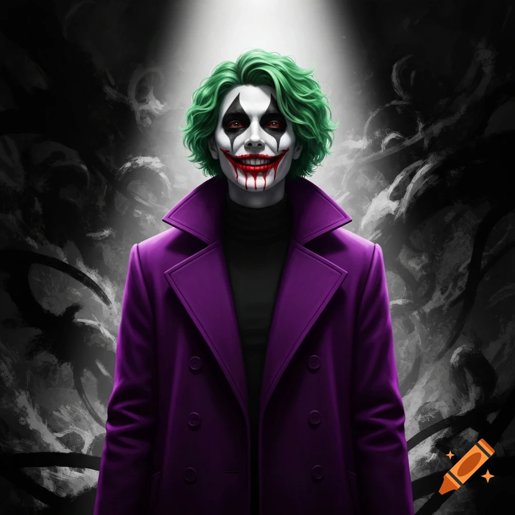 A sinister character with bright green hair, white painted face, bloody smile, red eyes, and a purple coat in dramatic lighting.